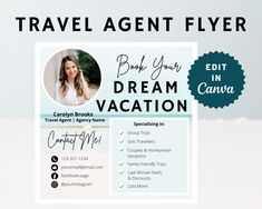 a travel agent flyer is shown with the words, book your dream vacation on it