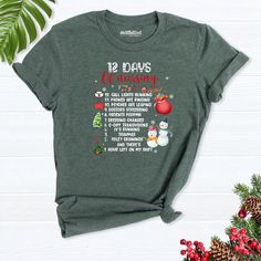 12 Days Of Nursing shirt, holiday nurse shirt,  Christmas vacation Nurse shirt, Christmas Nurse Shirt, Christmas nursing shirts, Funny Nurse  Hello! Thank you for supporting small businesses. My main priority here is the satisfaction of my customers. My t-shirts are Bella+Canvas brand. If Bella+Canvas is out of stock, I will send it from a brand of the same size and quality. If you want to see this design on the SWEATSHIRT you can buy it from the link below.https://etsy.me/3LS0Viz T-shirts are c Womens Christmas Shirts Nurse, Christmas Nurse Shirts Svg, Nurse Christmas Shirts, Grinch Shirts, Nursing Shirt, Nurse Shirts, Funny Nurse, Nurse Christmas, Nurse Shirt