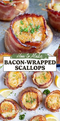 bacon wrapped scallops on a plate with lemon wedges