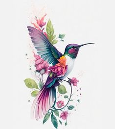 a hummingbird with flowers and leaves on its wings