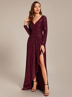 This glamorous floor-length evening dress features fitted long sleeves and a plunging cross-over v-neck collar with ruched detail. A cinched waist gives way to an asymmetrical ruffled hem with a high slit on the front, perfect for showing off your heels. Wear this decadent sequin semi formal evening gown to a wedding, the prom, a banquet, and so much more. Fit: Please refer to Size Chart. Closure: It is Concealed a Zipper Up The Back. Undergarments: It is Not Padded, with Lining. Fabric: Shell:9 Exclusive Gowns, Formal Maternity Dress, Red Sequin Dress, Dress With Split, Sequin Evening Dresses, New Years Eve Dresses, Long Sleeve Evening Dresses, Eve Dresses, Evening Dresses Plus Size