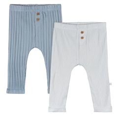 two pairs of blue and white pants with buttons on the bottom, one is striped