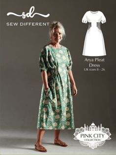 an older woman wearing a green dress and sandals, with the text sew different