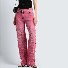 Brand New Pink Versace Ripped Jeans. On Sale At Farfetch For $730, Sold Out Size Pink Versace, Versace Pink, Rayon Pants, Pink Jeans, Jelly Shoes, Versace Jeans, Walker Boots, Pajama Shirt, Jeans Color