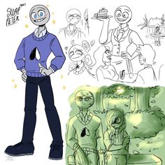 an image of a man standing in front of some cartoon character sketches and the same drawing