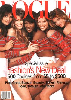 a magazine cover with four women in red and white striped outfits on it's front page