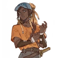 a drawing of a woman with braids holding a baseball bat and wearing a hat