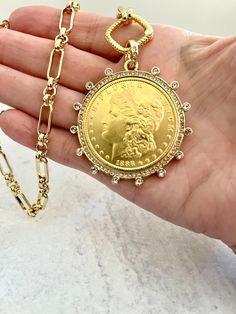 Gold Coin Jewelry, Peace Dollar, Gold Coin Necklace, 18k Gold Necklace, Dollar Coin, Outfit Jeans, Rope Design, Gold Coin, Layered Jewelry