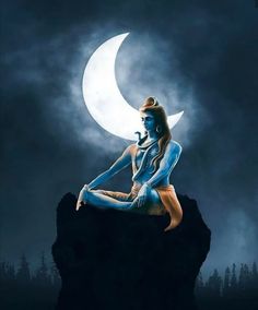 a woman sitting on top of a rock next to the moon