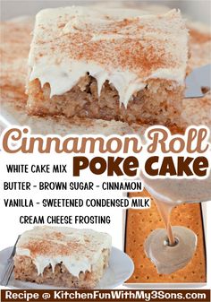 an advertisement for cinnamon roll poke cake with white frosting on top and brown sugar in the middle