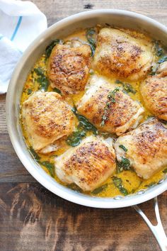 four pictures showing different types of food being cooked in a pan and then stirred with seasoning