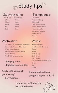 a pink poster with stars on it and the words study tips written in different languages