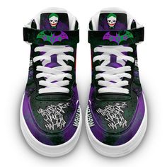 Joker Air Mid Shoes Custom Sneakers Fans All of our Air Mid Shoes styles are custom-made-to-order and handcrafted to the highest quality standards. High-quality rubber sole for traction and exceptional durability Lace-up closure for a snug fit. Each designed pair is one-of-a-kind, combining handcrafting tradition, quality, and modern style. Features a semi-glossy leather to make the shoes more breathable and easier to clean. Material: Microfibre leather: chemical & abrasion resistance, anti-crea Green Custom Shoes, Cool Mens Shoes, Joker Shoes, Custom Jordan Shoes, Reaper Drawing, Custom Jordans, Mid Shoes, Custom Shoes Diy, Designed Shoes