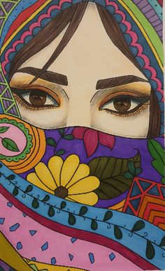 a painting of a woman's face wearing a colorful scarf with flowers on it