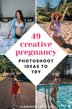 four photos with the words, creative pregnant photography ideas to try in front of them