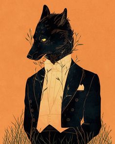 an illustration of a man in a suit and tie with a wolf on his lapel