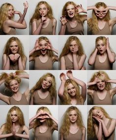 many different pictures of a woman making funny faces and pulling her hair up to the side