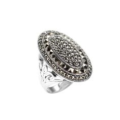 Magnificent sterling silver marcasite ring with beautiful filigree on the sides of the band. It has a layer of larger square marcasite crating an oval frame within layers of smaller marcasite making "stained glass effect". One of a kind! Stones: Marcasite SKU: MARG021019-01-08 Dimensions: 1.25" long x 3/4" wide Material: .925 Silver Made in: Thailand Luxury Silver Marcasite Jewelry, Stained Glass Effect, Making Stained Glass, Glass Effect, Marcasite Ring, Sterling Silver Marcasite, Semi Precious Jewelry, Knuckle Rings, Christian Jewelry