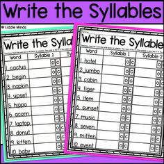 two worksheets with the words write the syllables and then use them