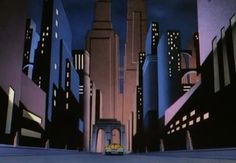 an animated city scene with skyscrapers and cars