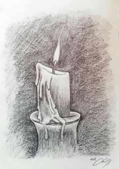 a drawing of a lit candle sitting on a table next to a toilet paper roll