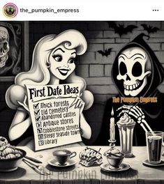 a drawing of a skeleton holding up a sign next to a woman sitting at a table