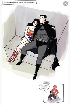 an image of a man and woman dressed as batman and supermangirl sitting on a bench