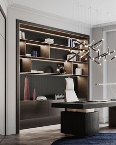 a room with a desk, bookshelf and chandelier