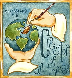 a painting of hands holding the earth and writing on it, with words colossians club of all things written below