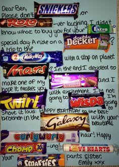 an art project with candy bars and writing on it