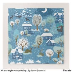 a painting with houses and trees in the snow on a blue background that says winter