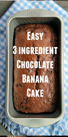 an easy 3 ingredient chocolate banana cake in a pan on a blue and white checkered cloth