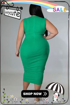 Solid Sleeveless O Neck Basic Plus Size Tank Dresses Green Sleeveless Bodycon Dress, Green Sleeveless Bodycon Midi Dress, Sleeveless Green Bodycon Midi Dress, Tank Dresses, Curvy Women Outfits, Women Outfits, Curvy Girl Fashion, Tank Dress, 1 Million