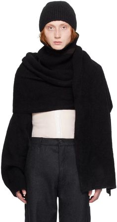 Dries Van Noten: Black Funnel Neck Scarf | SSENSE Black Wool Scarves For Fall, Black Wrap, Black Scarf, Neck Scarf, Dries Van Noten, Funnel Neck, Neck Scarves, Fit Inspo, Knit Cuff