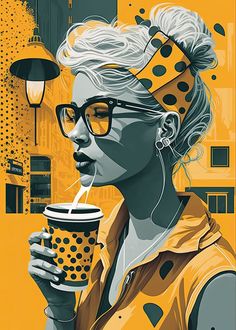 a woman drinking from a coffee cup while wearing a polka dot headband and glasses