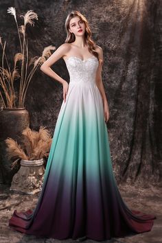 A Line Strapless Sleeveless Appliques Ombre Silk Like Satin Sweep Train Prom Dresses Ombre Dresses, Dye Wedding Dress, Junior Formal Dresses, Sweep Train Prom Dress, Prom Dresses With Pockets, Train Party, Corset Dress Prom, Green Ombre, Satin Prom Dress