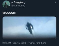 a twitter post with an image of a person in the fog and text that reads, vrooom