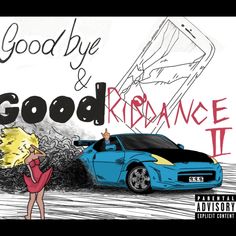 a drawing of a woman standing in front of a blue car with the words good bye and