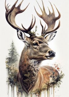 a painting of a deer with antlers on it's head and trees in the background