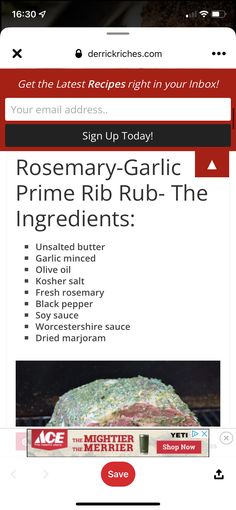 the recipe app for rosemary garlic prime rib rub - the ingredients is displayed on an iphone