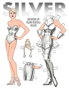 the paper doll is wearing silver