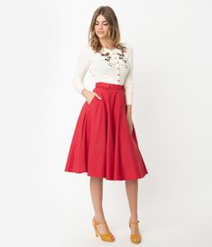 1950s Style Red Button Tab High Waist Swing Skirt – Unique Vintage 1950s Style, Black High Waist, Red Button, 1950s Fashion, Skirt Design, Model Pictures, Sewing Dresses, Hat Hairstyles, Retro Inspired