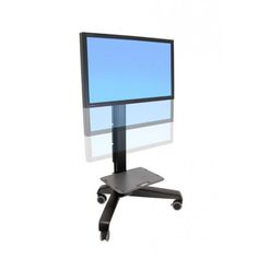 a computer monitor sitting on top of a metal stand with wheels and casters attached to it