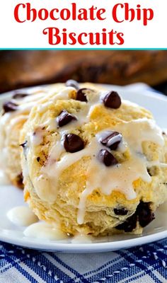 chocolate chip biscuits on a white plate with text overlay that says chocolate chip biscuits