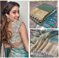 Elevate your ethnic wardrobe with this stunning Blue Janhvi Kapoor Tissue Silk Saree! 💙 The Rich Zari Weaving Border Work and Designer detailing on this saree are truly exquisite. Perfect for any occasion, this saree is a must-have for every fashionable woman out there. 😍 #JanhviKapoorSaree #TissueSilkSaree #ZariWork #IndianFashion #Unbranded #WomenEthnicWear #DesignerSarees 🌟 Designers Saree Latest, Trendy Saree Colors, Sari Blouses For Women, Modern Silk Saree Blouse Designs, Jhanvi Kapoor Tissue Saree, Janhvi Kapoor Tissue Saree, Jahnavi Kapoor Tissue Sarees, Tissue Sarees Blouses Design, Jahnavi Kapoor Outfits