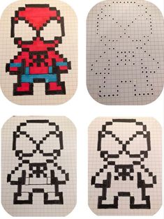 four different pixel art designs on white paper