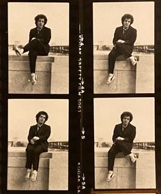 four black and white photos of women in suits sitting on ledges with their legs crossed