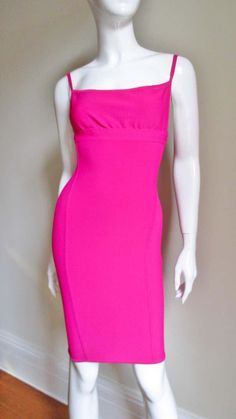 For Sale on 1stDibs - A beautiful bight pink body conscious dress from master designer Herve Leger in his signature bandage stretch fabric. The dress has spaghetti straps and Pink Stretch Bodycon Dress With Straight Neckline, Spaghetti Strap Fitted Bodycon Evening Dress, Fitted Spaghetti Strap Bodycon Evening Dress, Pink Fitted Dress With Spaghetti Straps, Formal Fitted Bodycon Dress With Spaghetti Straps, Summer Gala Fitted Bodycon Dress, Fitted Bodycon Dress For Summer Gala, Elegant Pink Bodycon Dress With Fitted Bodice, Elegant Pink Bodycon Dress With Spaghetti Straps