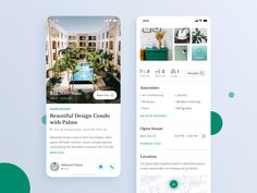 two iphone screens showing the homepage and interior design concept for an apartment complex in palm beach, florida