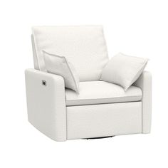 a white chair with two pillows on it's back and the seat upholstered